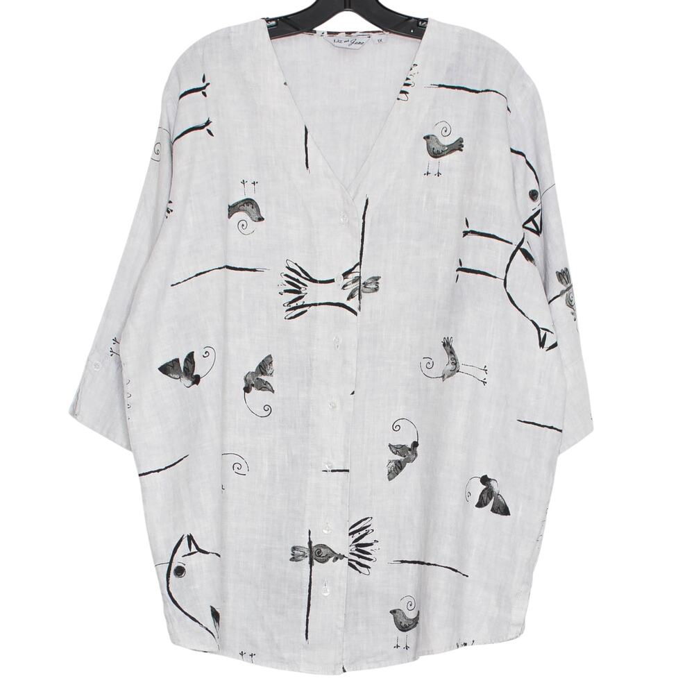 Liz & Jane Linen Tunic Top Plus Size 1X Button Up Bird Gray Artsy Lagenlook Boho